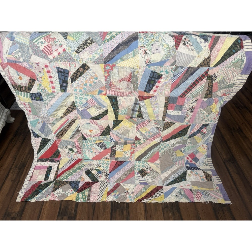 VTG Handmade Feed Sack Crazy Scrappy Patchwork Quilt Boho Farmhouse 64x74
